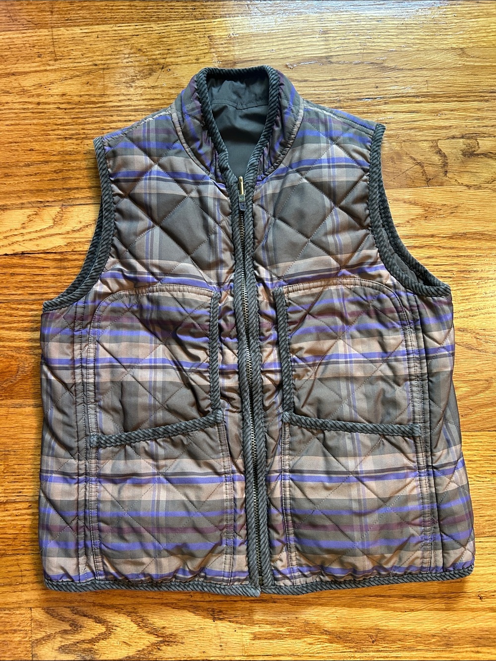 Ralph Lauren Brown Plaid Quilted Vest with Purple Accents